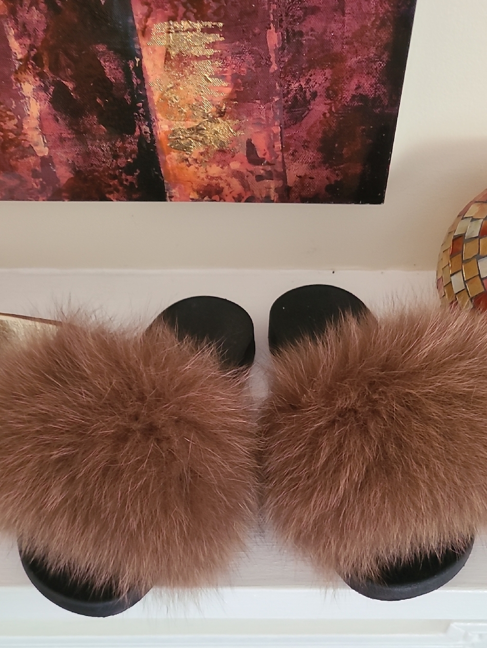 Faux Fur Slide Sandals in Brown